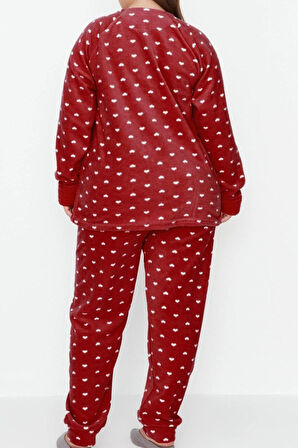 Tarz Rahat Büyük Beden Uzun Kollu Dar Paça Kalpli Polar Örme Pijama Takımı