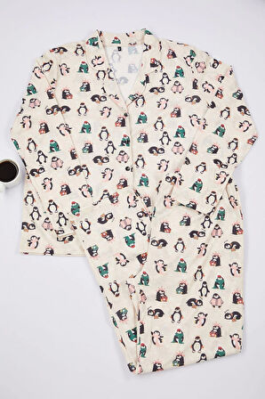 Tarz Rahat Büyük Beden Uzun Kollu Boru Paça Yılbaşı Temalı Örme Pijama Takımı