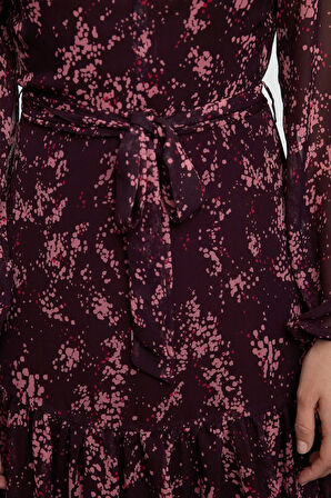 Moda Stil Regular Dik Yaka Mini Boy Çiçekli Dokuma Kışlık Elbise