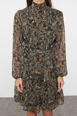 Moda Stil Regular Dik Yaka Mini Boy Çiçekli Dokuma Kışlık Elbise