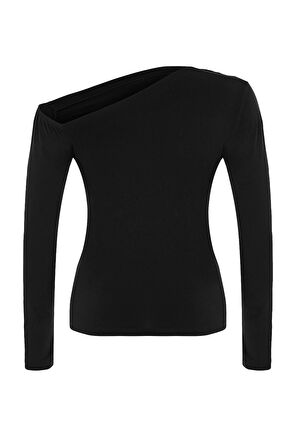 Moda Büyük Beden Asimetrik Yaka Örme Fit Düz Desen Casual Günlük Regular Uzun Kol Bluz