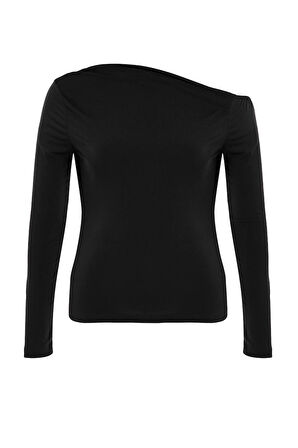 Moda Büyük Beden Asimetrik Yaka Örme Fit Düz Desen Casual Günlük Regular Uzun Kol Bluz