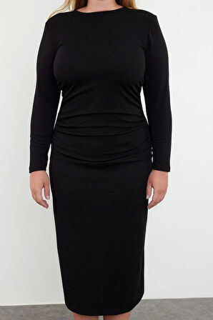 Moda Stil Slim Bisiklet Yaka Maxi Boy Büyük Beden Büzgü Detaylı Shift Örme Büyük Beden Elbise