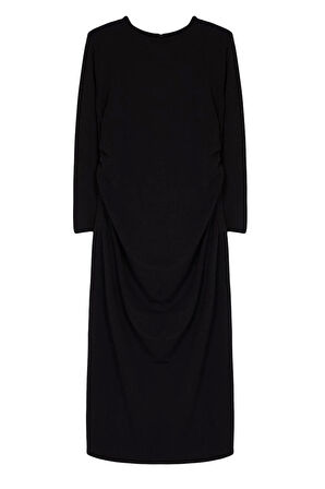 Moda Stil Slim Bisiklet Yaka Maxi Boy Büyük Beden Büzgü Detaylı Shift Örme Büyük Beden Elbise