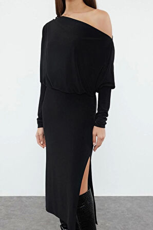 Moda Stil Slim Asimetrik Yaka Midi Boy Düz Asimetrik Tek Kol Belden Oturtmalı Esnek Örme Elbise