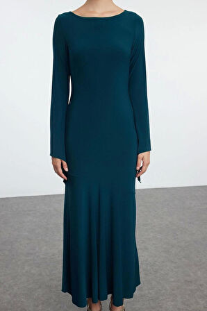 Moda Stil Slim Kayık Yaka Maxi Boy Düz Vücuda Oturan Eteği Volanlı Esnek Örme Elbise