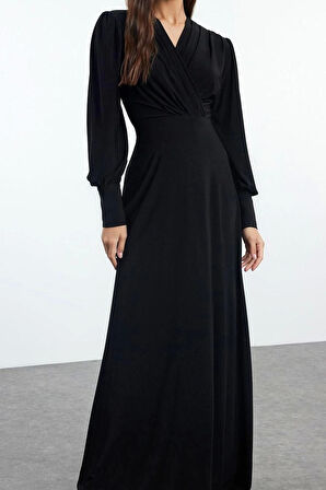 Moda Stil Regular Kruvaze Maxi Boy Düz Örme Elbise