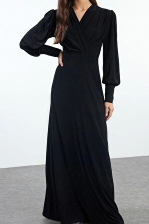 Moda Stil Regular Kruvaze Maxi Boy Düz Örme Elbise