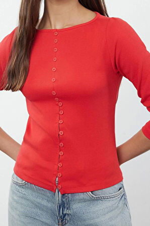 Stil Kadın Düğme Detaylı Fitilli Esnek Boy Bluz Regular Örme Fitted Kalıp