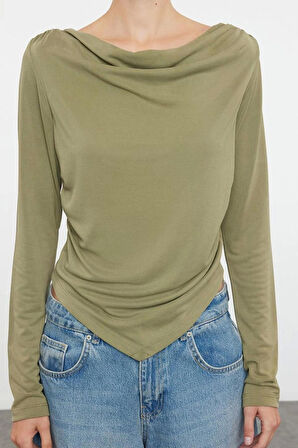 Stil Kadın Modal Kumaş Drapeli Vatkalı Asimetrik Bluz Regular Örme Regular Kalıp