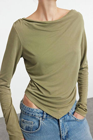 Stil Kadın Modal Kumaş Drapeli Vatkalı Asimetrik Bluz Regular Örme Regular Kalıp