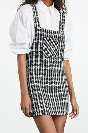 Moda Stil Fitted Kare Yaka Mini Boy Dokuma Ekose Desenli Jile Elbise