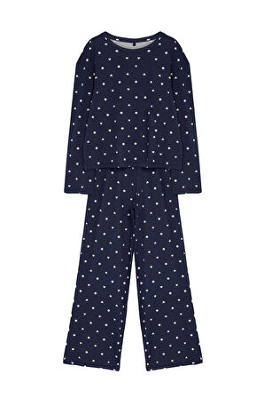 Tarz Rahat Uzun Kollu Boru Paça %100 Pamuklu Puantiye ve Kalp Desenli Örme Pijama Takımı