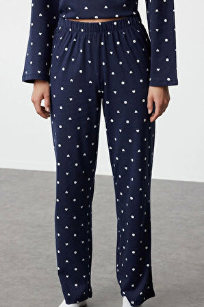 Tarz Rahat Uzun Kollu Boru Paça %100 Pamuklu Puantiye ve Kalp Desenli Örme Pijama Takımı