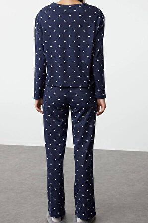 Tarz Rahat Uzun Kollu Boru Paça %100 Pamuklu Puantiye ve Kalp Desenli Örme Pijama Takımı