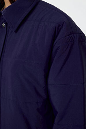 Tasarım Düz Astarlı Yaka Midi Bol Gömlek Kadın Oversize Kapitone Şişme Mont