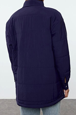 Tasarım Düz Astarlı Yaka Midi Bol Gömlek Kadın Oversize Kapitone Şişme Mont