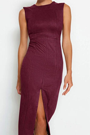 Moda Stil Fitted Bisiklet Yaka Midi Boy Düz Dokuma Elbise