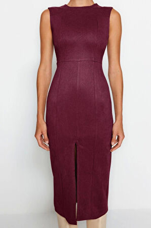 Moda Stil Fitted Bisiklet Yaka Midi Boy Düz Dokuma Elbise