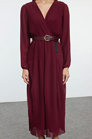 Moda Stil Regular Kruvaze Midi Boy Kemerli Düz Kemerli Dokuma Elbise