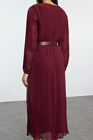 Moda Stil Regular Kruvaze Midi Boy Kemerli Düz Kemerli Dokuma Elbise