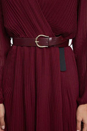 Moda Stil Regular Kruvaze Midi Boy Kemerli Düz Kemerli Dokuma Elbise