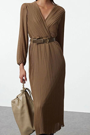 Moda Stil Regular Kruvaze Midi Boy Kemerli Düz Kemerli Dokuma Elbise