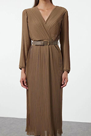 Moda Stil Regular Kruvaze Midi Boy Kemerli Düz Kemerli Dokuma Elbise