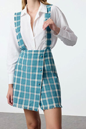 Moda Stil Regular Kare Yaka Mini Boy Askılı Dokuma Elbise