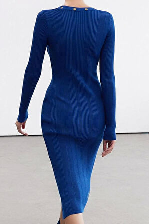 Moda Stil Slim V Yaka Midi Boy Limited Edition Triko Bodycone Elbise