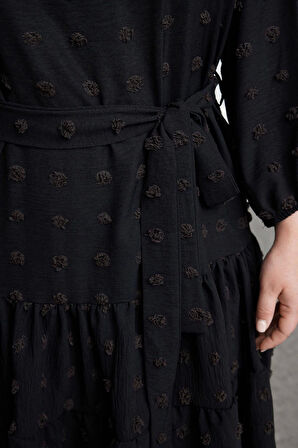 Moda Stil Fitted V Yaka Midi Boy Büyük Beden Balon Kol Kuşaklı Ponponlu Dokuma Büyük Beden Elbise