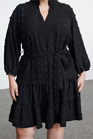 Moda Stil Fitted V Yaka Midi Boy Büyük Beden Balon Kol Kuşaklı Ponponlu Dokuma Büyük Beden Elbise