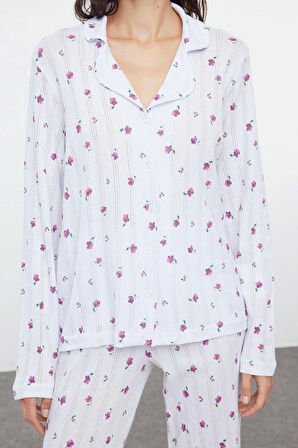 Tarz Rahat Uzun Kollu Boru Paça %100 Pamuklu Çiçekli Ajurlu Delikli Fitilli Örme Pijama Takımı