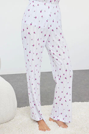 Tarz Rahat Uzun Kollu Boru Paça %100 Pamuklu Çiçekli Ajurlu Delikli Fitilli Örme Pijama Takımı
