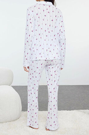 Tarz Rahat Uzun Kollu Boru Paça %100 Pamuklu Çiçekli Ajurlu Delikli Fitilli Örme Pijama Takımı