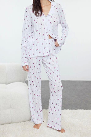 Tarz Rahat Uzun Kollu Boru Paça %100 Pamuklu Çiçekli Ajurlu Delikli Fitilli Örme Pijama Takımı