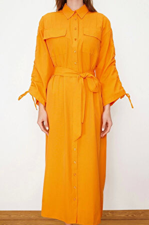 Moda Oversize Maxi Tesettür Kuşaklı Kolları Ayarlanabilir Detaylı Pamuklu Dokuma Gömlek Elbise