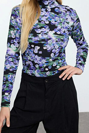Stil Kadın Baskılı Fitted Vücuda Oturan Kol Bürümcük Dokulu Bluz Regular Örme Slim Kalıp