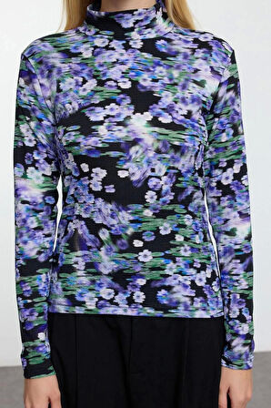 Stil Kadın Baskılı Fitted Vücuda Oturan Kol Bürümcük Dokulu Bluz Regular Örme Slim Kalıp