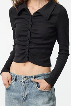 Stil Kadın Fitted Vücuda Oturan Fitilli Pamuklu Esnek Bluz Crop Örme Slim Kalıp