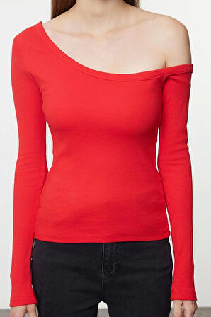 Stil Kadın Fitted Vücuda Oturan Omzu Açık Fitilli Pamuklu Esnek Bluz Regular Örme Slim Kalıp