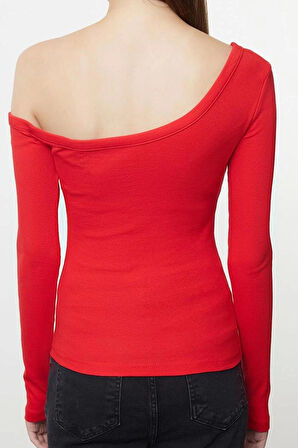 Stil Kadın Fitted Vücuda Oturan Omzu Açık Fitilli Pamuklu Esnek Bluz Regular Örme Slim Kalıp