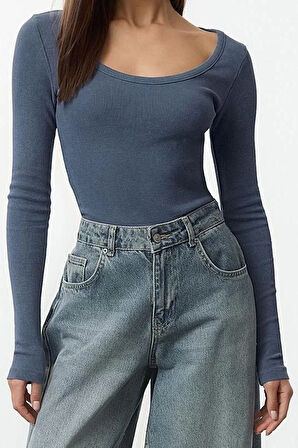 Moda Havuz Yaka Örme Slim Düz Desen Casual Günlük Regular Uzun Kol Bluz