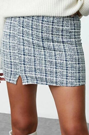 Modern Tarz Astarsız Örme Mini Boy Fermuarlı ve Yırtmaçlı Tüvit Normal Bel Mini Örme Etek