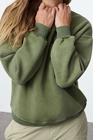 Tarz Bol Bisiklet Yaka Düşük Kol Uzun Eskitme Kalın İçi Polarlı Geniş Kalıp Örme Sweatshirt