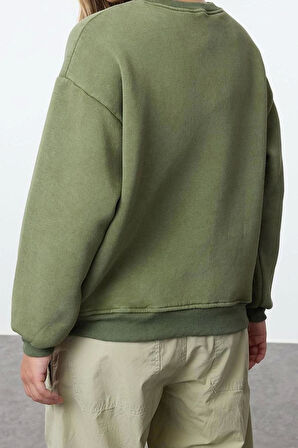 Tarz Bol Bisiklet Yaka Düşük Kol Uzun Eskitme Kalın İçi Polarlı Geniş Kalıp Örme Sweatshirt