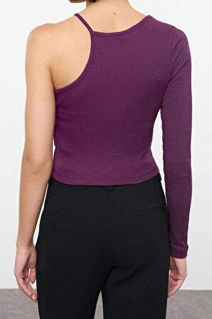 Stil Kadın Fitilli Fitted Vücuda Oturan Esnek Bluz Crop Örme Slim Kalıp Tek Kol