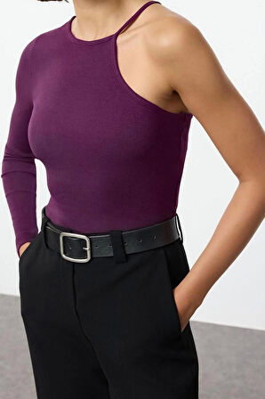 Stil Kadın Fitilli Fitted Vücuda Oturan Esnek Bluz Crop Örme Slim Kalıp Tek Kol