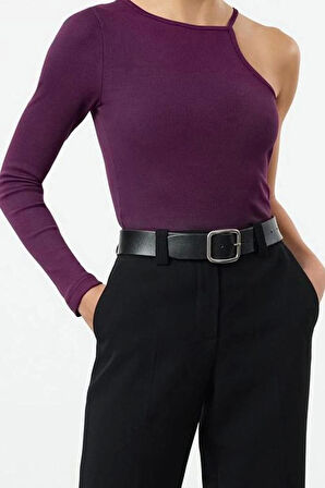 Stil Kadın Fitilli Fitted Vücuda Oturan Esnek Bluz Crop Örme Slim Kalıp Tek Kol