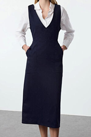 Moda Stil Regular V Yaka Midi Boy Jile Dokuma Elbise